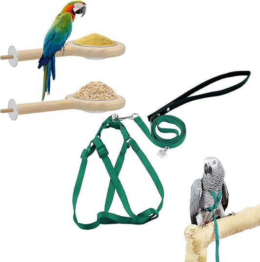 ASOCEA Adjustable Bird Harness and Leash, 2 Pack Bird Food Stainless Steel Cups for Yellow Naped Amazons Galah Cockatoos Small to Medium Breed Parrots Fits Birds Chest