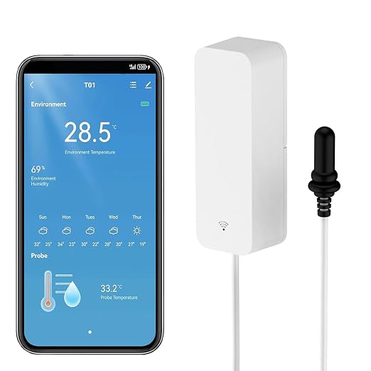 Smart Thermometer Hygrometer with Probe, WiFi Aquarium Temperature Humidity Gauge with App Remote Monitor, Indoor Refrigerator Thermometer Sensor, Data Storage&Export, Compatible with Alexa. 1PCS