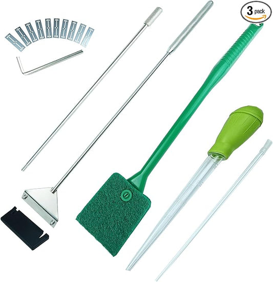 25.2 Inch Aquarium Algae Scraper/Remover for Glass Fish Tanks, Stainless Steel Cleaner Tool Kit/Cleaning Accessories with 10 Replaceable Blades + Coral Feeder + Double-Sided Sponge Brush