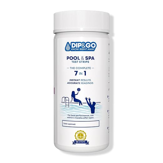 DIP&GO 7 in 1 Pool and Hot Tub Test Strips-125 Spa Test Strips for Hot Tub | Swimming Pool Test Kit for Bromine, Free Chlorine, pH, Total Alkalinity, Hardness, Cyanuric Acid and Total Chlorine
