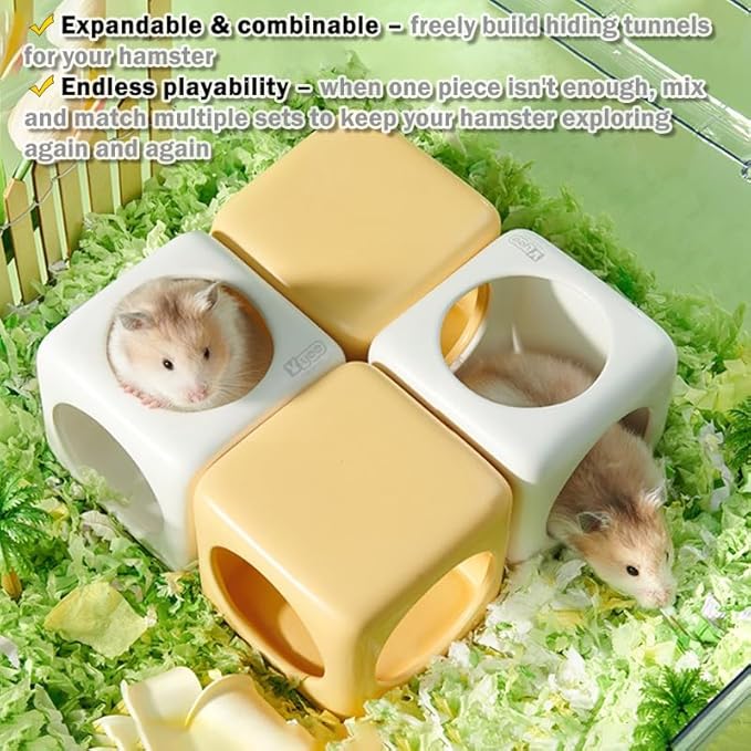 Ceramic Hamster House Cube Set, 4-Inch Stackable Small Animal Hideout Cave for Hamsters Mice Gerbils Dwarf Rabbits – Hard Durable DIY Mix & Match Habitat Hideaway Decor, Yellow