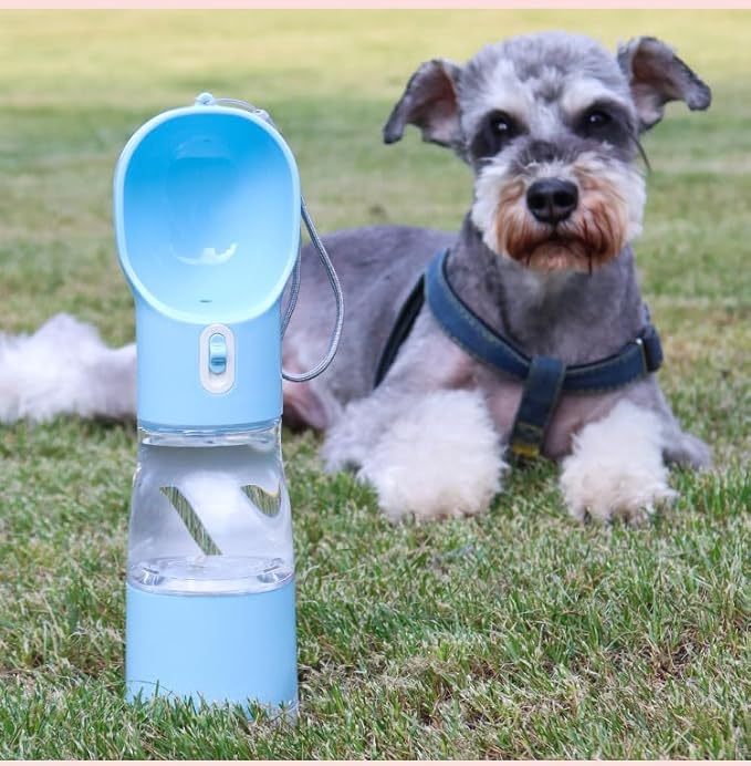 Baby Blue 4-in-1 Portable Dog Water Dispenser+Food Storage+Built-in Poop Bag Holder+Scoop | 258ml Water & 220ml Food Capacity | Leakproof | Food-Grade ABS Material.