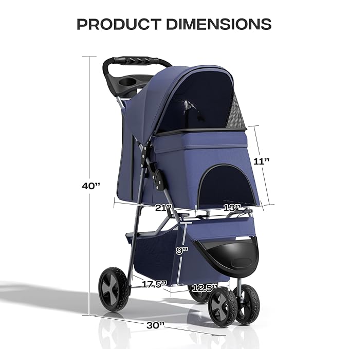 Pet Stroller for Small Dogs 10 lbs, Dog Stroller for Medium Dogs 30 lbs, Cat Strollers for 2 Cats, 3 Wheels Foldable Jogger Puppy Stroller with Storage Basket and Cup Holder, Navy Blue