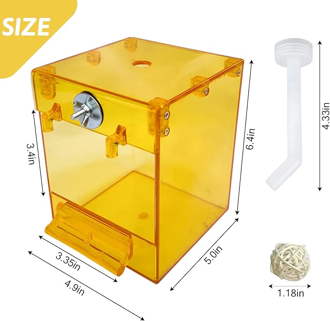 PINVNBY Yellow Acrylic Parrot Bath Box,Bird No-Leakage Bathtub for Cage Hanging Tube Shower Box Cage Accessory with Water Injector and Balls Toys for Small Pet Birds Canary Budgies Lovebirds(6 Pcs)
