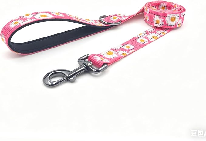 Dog Collar Leash Set, Floral Pattern, with Safety Reflective Strips, 5 ft Matching Leash, Neoprene Padded Handle, Adjustable 4 Sizes for Small Medium Large Dogs.(S, Pink Daisy)