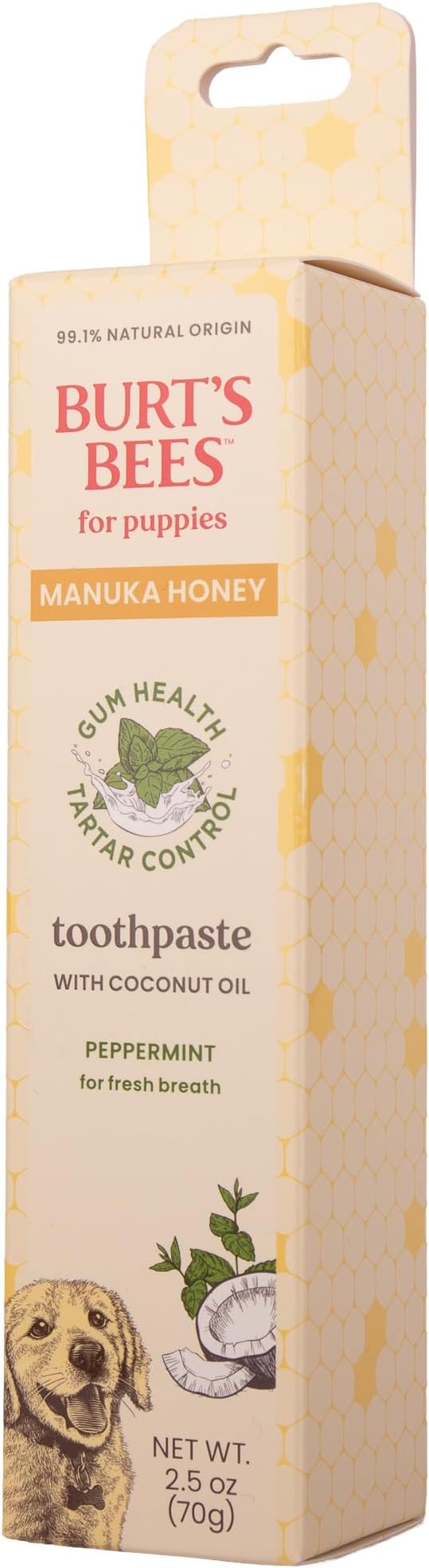 Burt's Bees for Pets Peppermint Toothpaste for Puppies with Manuka Honey and Coconut Oil for Gum Health & Tartar Control, 99.1% Natural Origin Formula, Fluoride-Free, Peppermint Flavor, 2.5 Oz
