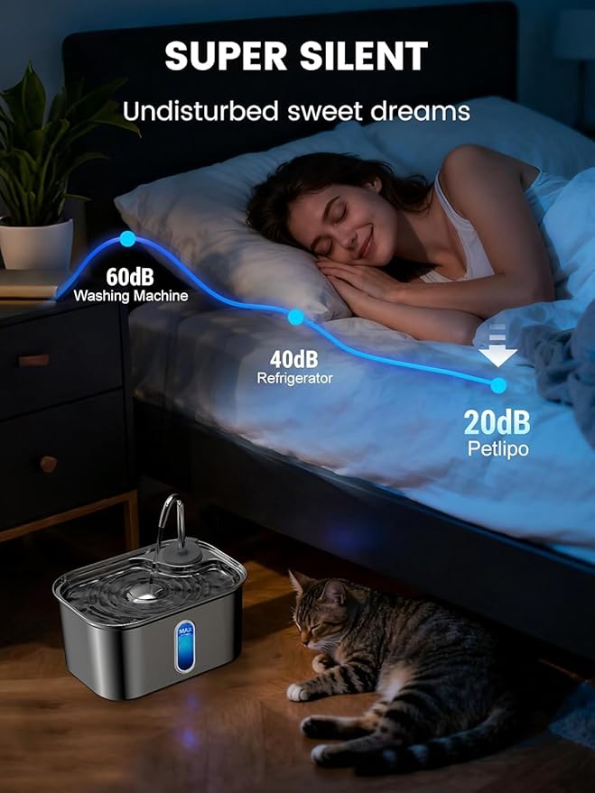 Cat Water Fountain Stainless Steel for Cats Indoor 2.5L 85oz by BPA-Free SUS304, 4pcs Effective 6-Layer Filter Cat Fountain for Drinking 20dB Ultra Quiet Metal Pet Water Fountain (Fountain+4 Filters)