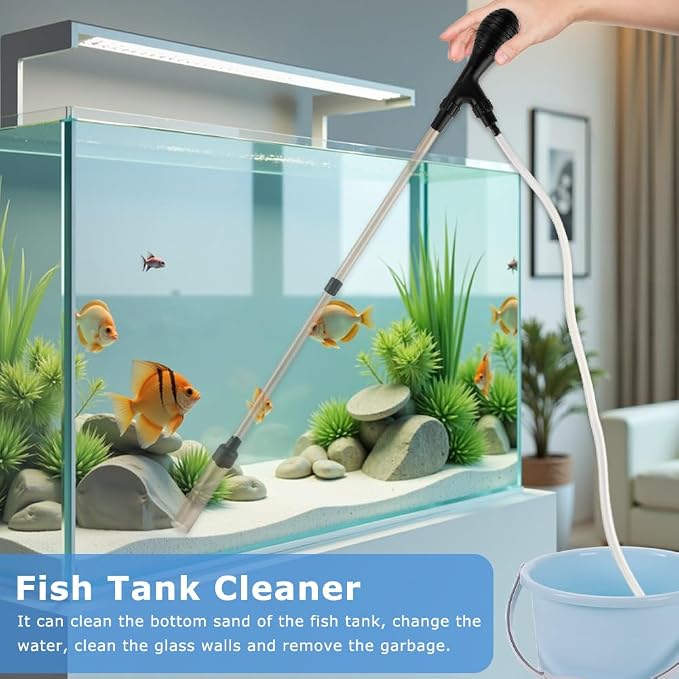 4-in-1 Aquarium Gravel Cleaner, 80GPH Siphon for 5-20 Gal Tanks | Multifunction F Vacuum Cleaning Kit for 27" Deep Tanks with 6.5 Ft Hose, Removes Waste, Cleans Gravel, Changes Water