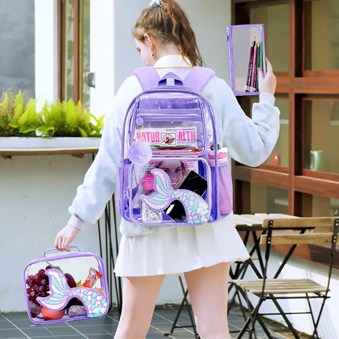 Clear Backpack for Girls and Boys, Kids Transparent Bookbag, 3PCS Cute See Through School Bag for Elementary Prechool