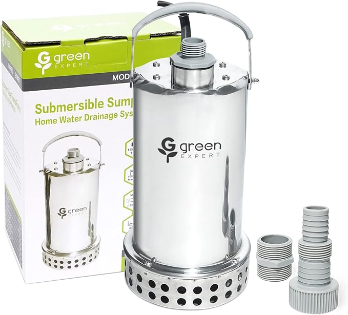Green Expert 1HP Submersible Sump Pump 4000GPH High Flow Full Stainless Steel 25FT Power Cord Fast Water Drainage for Flood Pool Garden Pond Hot Tub Rain Barrel Heater Flush Household Drain System