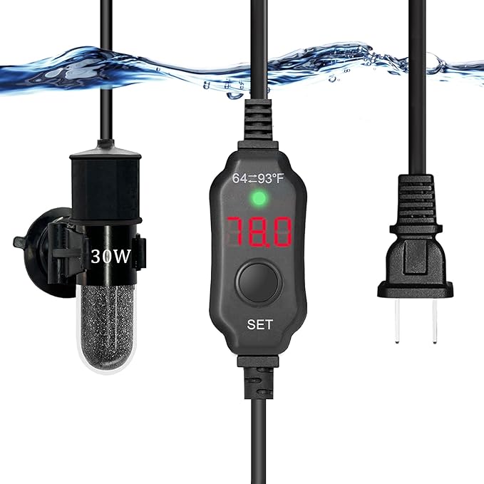 YukiHalu Super Mini Aquarium Heater, 10W 20W 30W Adjustable Fish Tank Heater with External Controller, Overheating Protection, Digital Display, Used for 0.5-3 Gallons(30 watts)