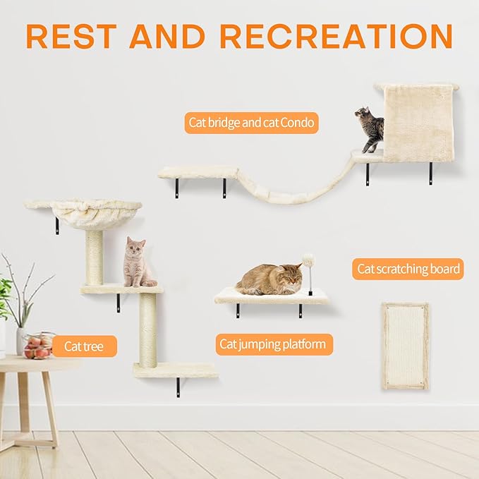 Cat Wall Shelves, Multi-Level Cat Climbing Furniture, Space-Saving Wall-Mounted Cat Climber Set with Perches,Bridge,Hammock,Scratching Board & Ball for Indoor Cat Play (Light Grey)