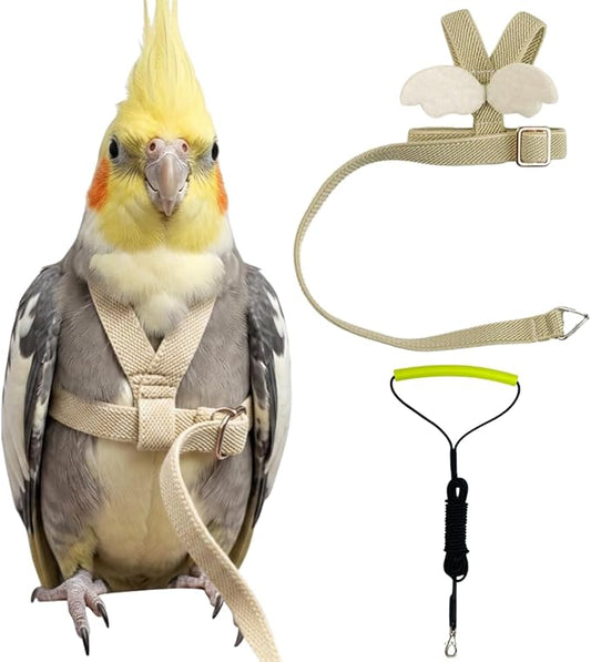 Adjustable Bird Harness with Elastic Leash, Pet Parrot Harness and Leash, Adjustable Training Design Anti-Bite, Bird Nylon Rope with Cute Wing for Conure (Beige,2M)