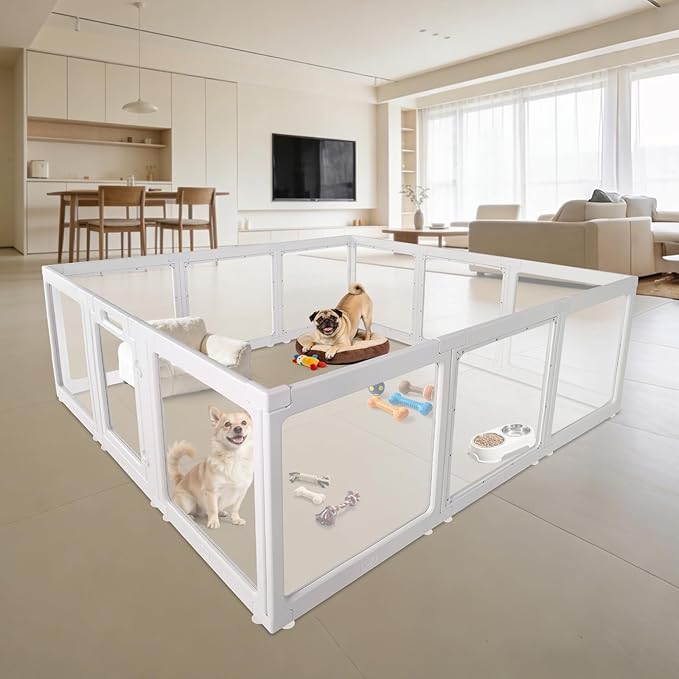 Clear Acrylic Plastic Dog Playpen with Door, 23.6"H Transparent DIY Puppy Cat Pet Play Pen, Modular Fence for Dog, Cat, Pig, Rabbit, Ferret, Easy Assemble Dog House Crate Kennel Whelping Cage