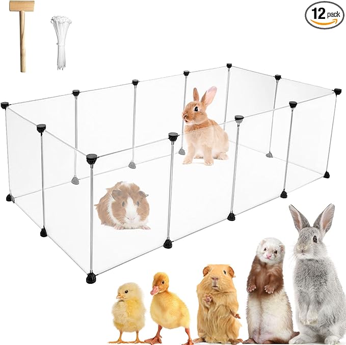 12 Panels Pet Playpen 16”x12” Bunny Pen Rabbit Cage Pet Fence Indoor DIY Plastic Enclosure for Guinea Pigs, Bunny, Hamsters, Hedgehogs (Clear)