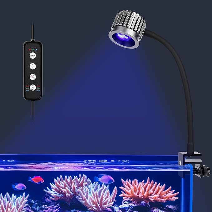 fishkeeper Saltwater Aquarium Light for 5-10 Gallon, 24/7 Reef LED Light | Adjustable Color/Brightness/Timer, 8W Clip On Aquarium Light for Coral Marine Tank, Memory Function
