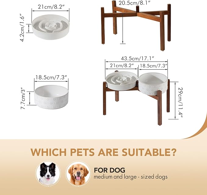 Havniva Elevated Slow Feeder Dog Bowls, 1.6 Cups/8.2 inch Slow Feeders + 7.3 inch Ceramic Dog Food & Water Bowls Set with Acacia Wood Stand Puzzle Bowls for Fast Eater, Medium Dogs Anti-Choking