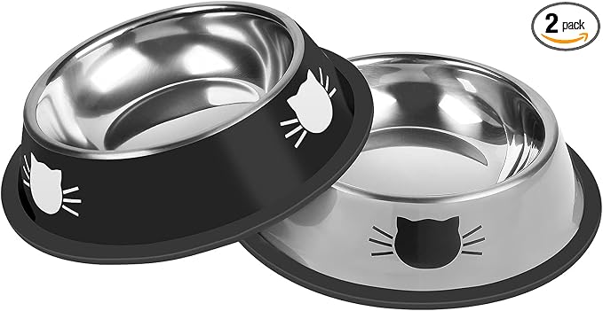 Serentive 2 Pcs Non-Slip Stainless Steel Small Food Bowls - Unbreakable, Thicken Cat Feeder, 7 Oz Dishes - Suitable for Indoor Small Pets - Removable Rubber Base, Easily Clean, Lovely Color