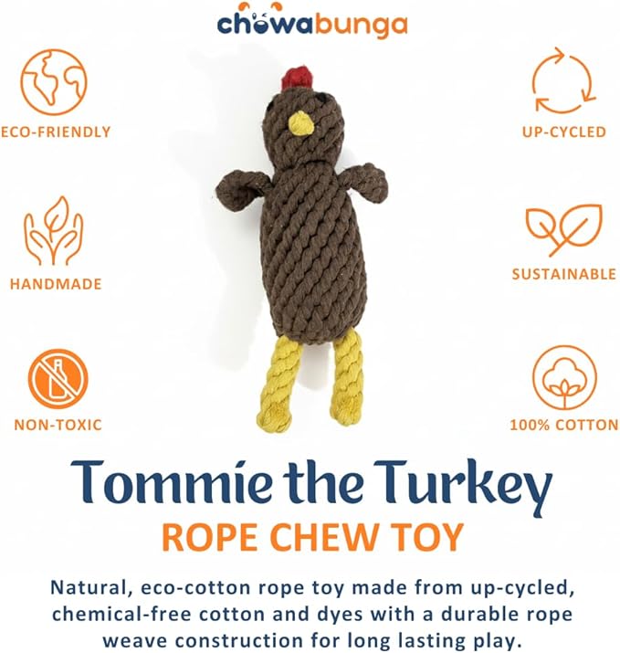 Tommie the Turkey Dog Toy 7 Inch Tall Handmade Eco Cotton Rope Small Dog Turkey Toy for Dogs Made with Natural, Non-Toxic Dyes - Great for Puppy Teething Toys for Small Dogs