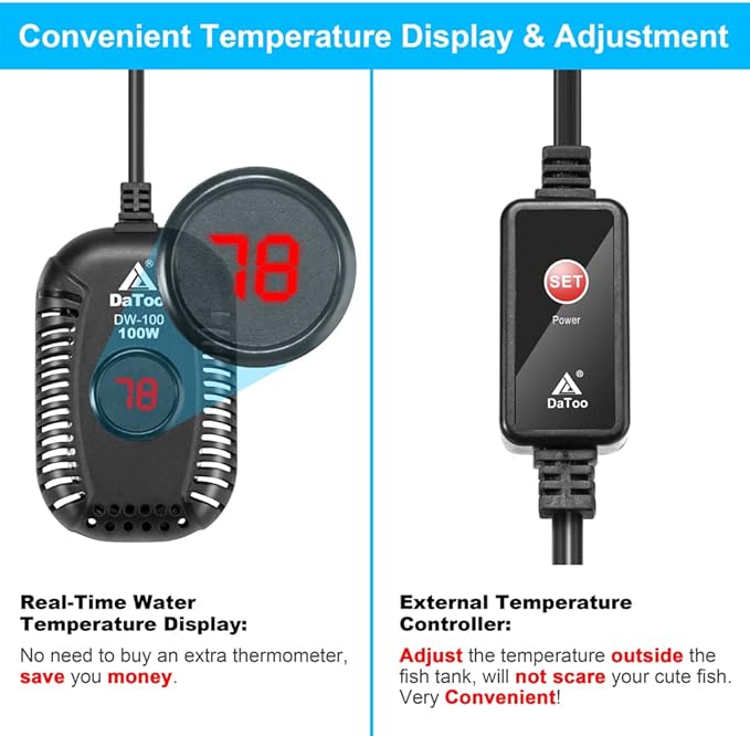 DaToo Small Aquarium Heater 100W Mini Fish Tank Heater 100 Watt Submersible with LED Temperature Display