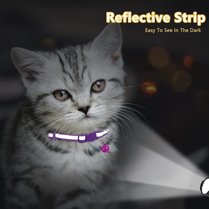 Taglory Kitten Collar Breakaway with Bell, Reflective Soft Cat Collar for Small Kittens, Adjustable 6-8 Inch High Visibility Night Strip, Lightweight for 2-6 Months Baby Cats, 2 Pack, Purple