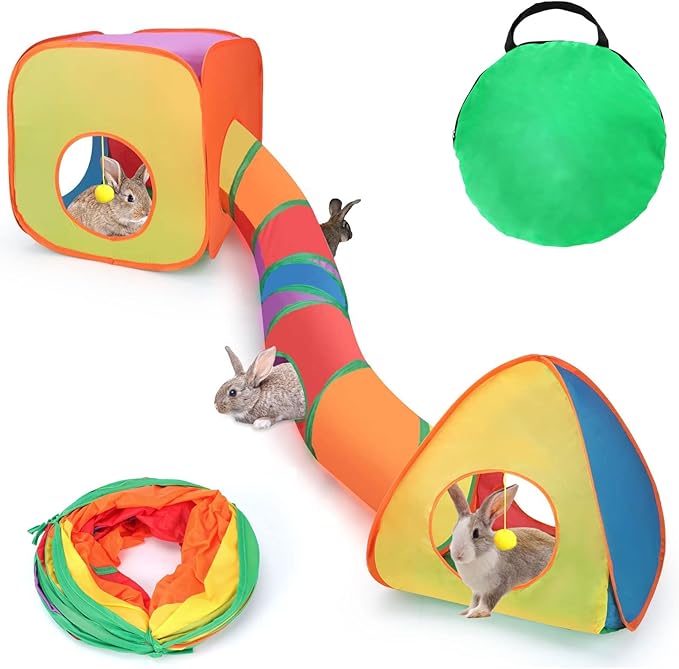 BWOGUE Bunny Tunnels & Tubes Collapsible Rabbit Hideout Tube and Foldable Cubes Playground Small Animal Activity Hideaway for Dwarf Rabbits Bunny Guinea Pigs Kitty