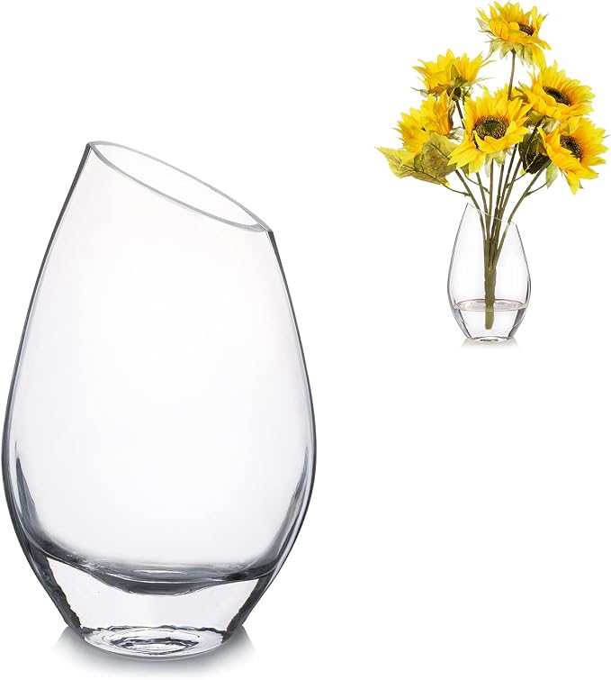 Unique Angled Rim Clear Glass Vase 4.5" W 8.0" H, Decorative Flower Vase for Home Decor Indoor, Wedding Centerpiece Event (1 Piece)