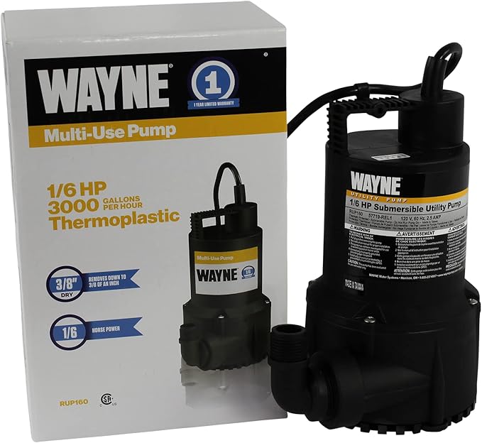 WAYNE RUP160-1/6 HP Reinforced Thermoplastic Submersible Multi-Use Pump - Up to 3,100 Gallons Per Hour - Heavy Duty Multi-Use Pump