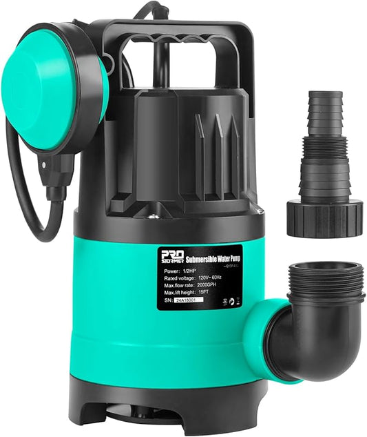 Sump Pump 2000GPH, Prostormer 1/2 HP Submersible Water Pump with Automatic Float Switch, Portable Utility Pump for Pool, Garden, Pond, Basement, Flood Drainage