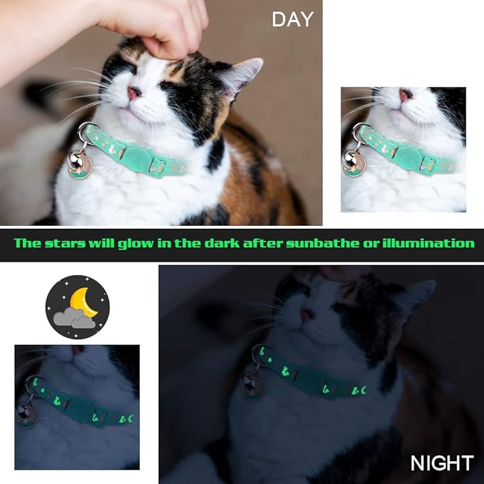 Baeuppit 2PCS Breakaway Cat Collars with Bell Cute Kitty Glow in The Dark Adjustable Kitten Collars 7.9-13.0 Inch(Teal&Pink)