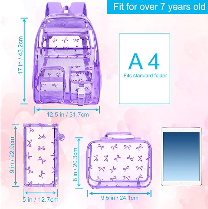 CCJPX 3Pcs Clear Backpack for Girls, School Transparent Bookbag, Heavy Duty See Through Backpacks for Teens Elementary