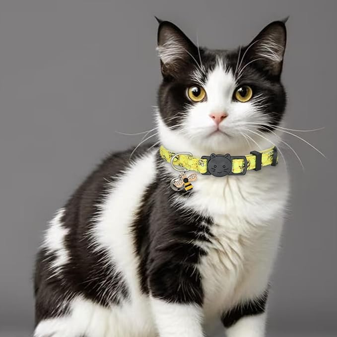 Cat Collar Breakaway, 2 Pack Cotton Kitten Collars with Bells and Removable Charms, Cute Bee and Ladybug Shaped for Indoor Boy, Girl and Adult Cats