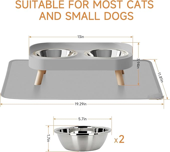 Elevated Cat Bowl with Food Mat, Raised Cat Food and Water Bowl Set for Indoor Cats, Splash Proof with 2 Stainless Steel Pet Food Bowls for Cats and Puppies,Whisker Fatigue and Dishwasher Safe (Grey)