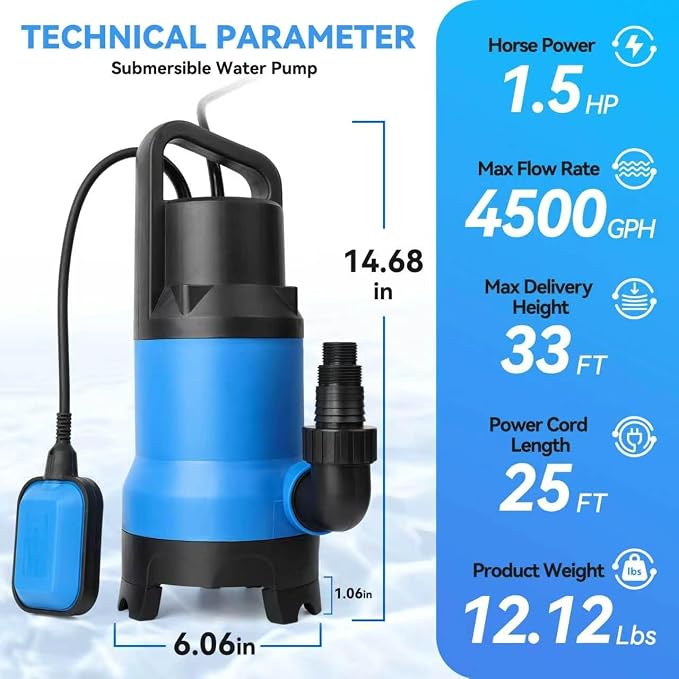 KLABB 1.5HP Submersible Sump Pump, 4500GPH with 25ft Cord | Portable Water Removal Pump, for Basement, Pool, Hot Tub & Pond, Handles Clean & Light Debris Water
