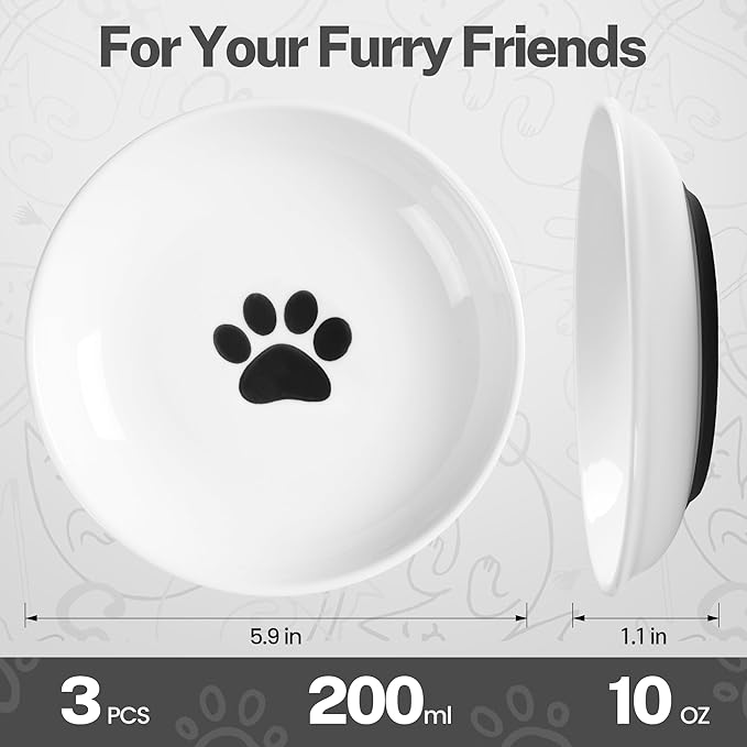 Cat Food Bowls, Whisker Friendly Ceramic Cats Bowls with Nonslip Silicone Bottom, Pack of 3 Quiet Dishes and Plates for Feeding Indoor Cats, Kittens and Small Dogs(Cat Paw,Shallower)