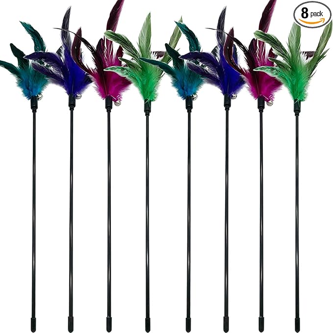 Cat Wand Toy Feather Stick Cat Toys, 8 Pieces Interactive Cat Toy Feathers Wand for Indoor Cats