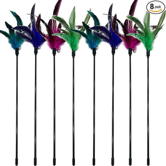 Cat Wand Toy Feather Stick Cat Toys, 8 Pieces Interactive Cat Toy Feathers Wand for Indoor Cats