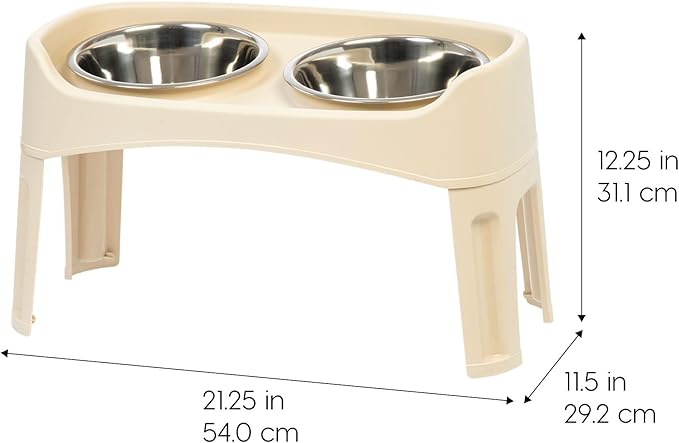 IRIS USA Elevated Dog Bowls Adjustable Stand, Raised Feeding Station with 2 Stainless Steel 64 oz Bowls, Spill Guard, Dual Height 12.25" or 4.63", Made in USA, Almond