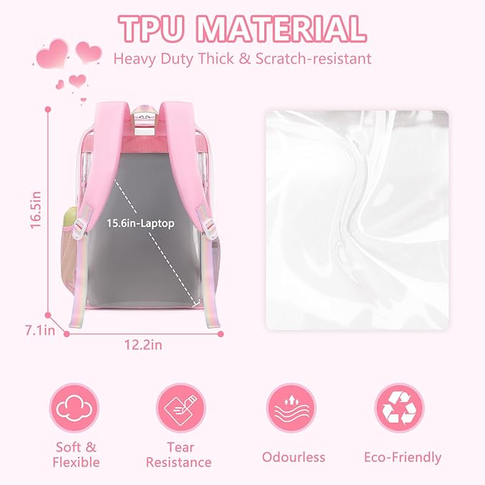 MOONBABY Clear Backpack for School Girls, Heavy Duty TPU Transparent Backpack Stadium Events Approved, Clear Bookbag