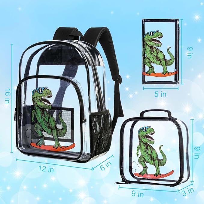 AGSDON 3PCS Clear Backpack for Boys, Kids Dinosaur Transparent Bookbag Heavy Duty, Cute See Through Backpacks with Lunch Bag - Blue