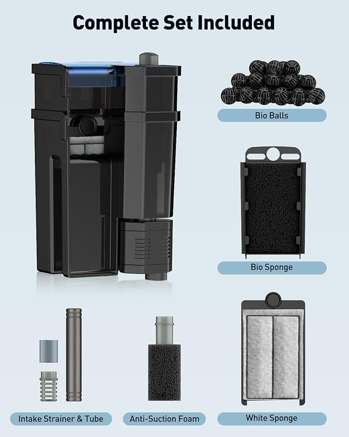 Pawfly 3 W Aquarium Filter, 15 Gallon Fish Tank Filter, 60 GPH Hang on Back Aquarium Filter with Adjustable Water Flow, Sponge, Bio Balls & Extendable Intake Tube, Ultra Quiet HOB Filter