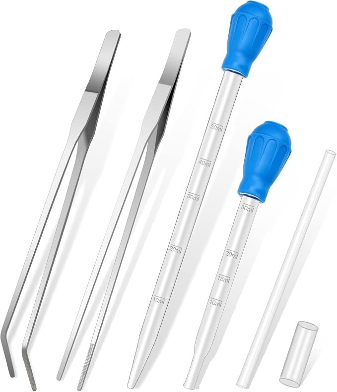 5In1 Aquarium Coral Feeder Kit, Droppers, Straight/Curved Tweezers, Silver | Coral Feeder Kit 60ml And 30ml Droppers, Extender Pipe, Straight And Curved Tweezers, For Reef Feeding And Aquarium Cleaning