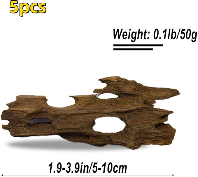 Aquarium Driftwood Shrimp Wood Natural Trunk & Assorted Branches 1.9-3.9" (5-10cm) Terrarium Ornament for Fish, Shrimp & Reptiles Habitat Decor, 5 Pcs