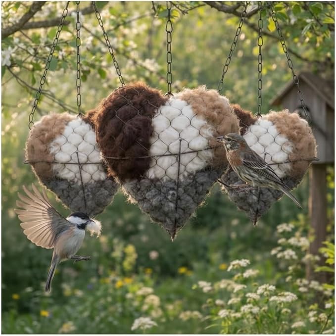 Handmade Fiber Bird Nesting Heart, Refillable Birds Haven 1 Heart Shape Hummingbird Nesting and 2 Bags of Nest Materials, Winter Fowl Gifts Animal Hummingbirds Lovers Home Garden Yard(3Set)