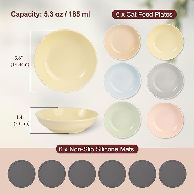 Ceramic Cat Food Bowl Set - 5.6 inch Colorful Cat Feeding Bowls with Non Slip Pads - Wide Shallow Whisker Friendly Plates Cute Dish - Microwave and Dishwasher Safe - 6 Pack - 5.3 oz