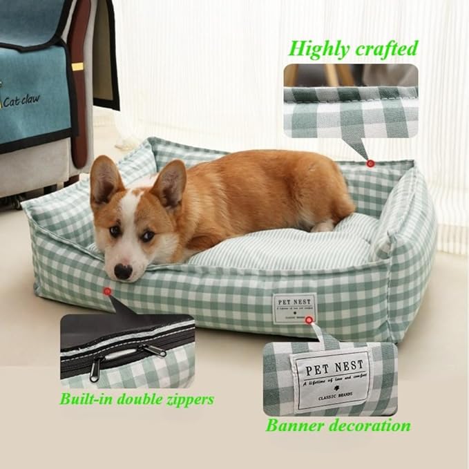 Orthopedic Rectangle Dog Bed for Medium Small Dogs, Plaid Plush Modern Puppy Sofa Bed with Anti-Slip Bottom, Cute Calming Pet Bed(Green,Medium)
