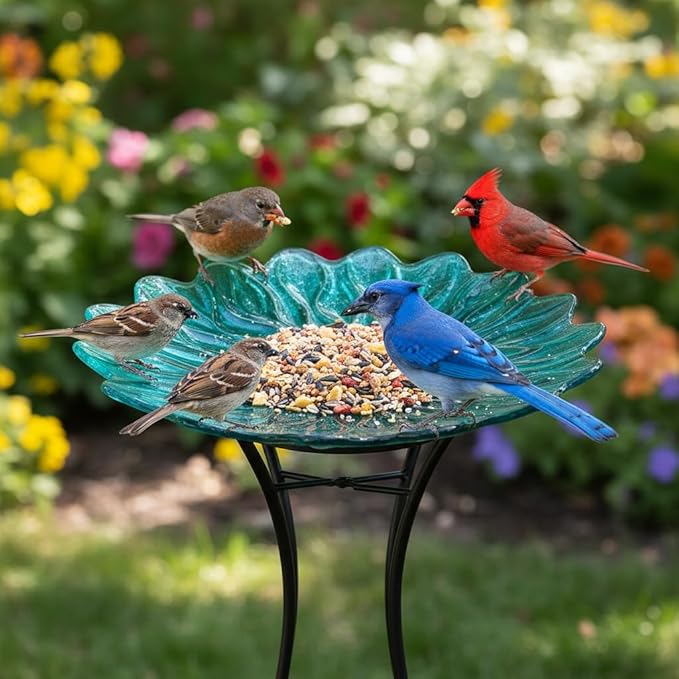 HONGLAND Bird Bath for Outside,15" Diameter Large Glass Birdbaths for Outdoors,Detachable Bird Baths Bowl with Metal Stand for Garden Patio Lawn Decor,19" Height - Green