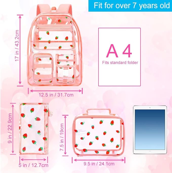 CCJPX 3Pcs Clear Backpack for Girls, School Transparent Bookbag, Heavy Duty See Through Backpacks for Teens Elementary