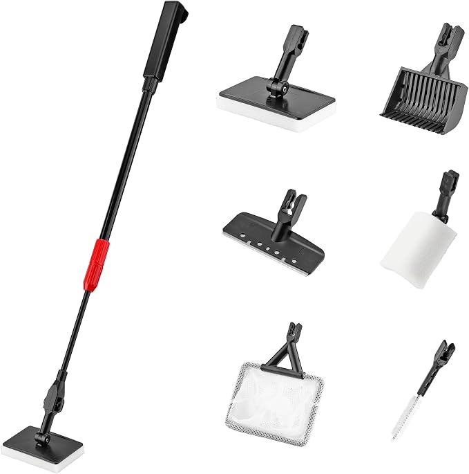 6 in 1 Aquarium Cleaning Tool Algae Scraper for Fish Tank Cleaning | Professiona Fish Tank Cleaning Tool Including Brush Sand Rake Pad with Telescopic Handle Tank Glass Cleaner Kit