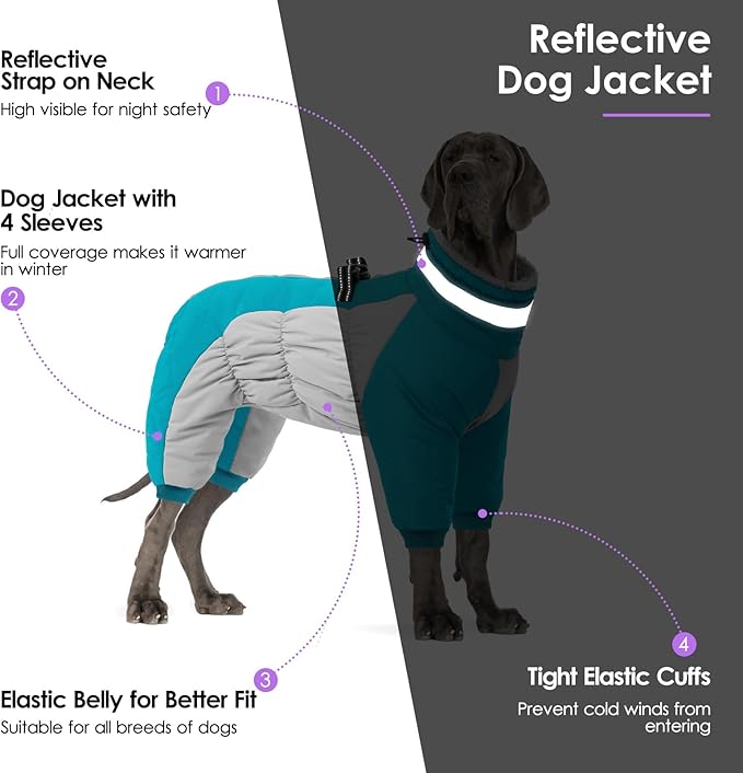Full Body Dog Coat - Warm Fleece Jacket for Large Dogs, Turtleneck Winter Coats with Harness, Reflective Dog Snowsuit Windproof Puffer Jackets with Legs for Weimaraner, Turquoise XL